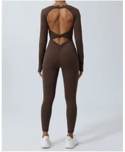 Brown backless long sleeve yoga jumpsuit tight fitness workout bodysuit for women