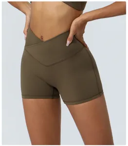 High-waist crossover yoga shorts for women, stretchy fitness activewear for running and gym.