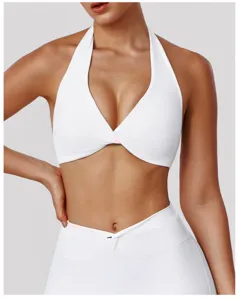 White halter yoga sports bra for women, cross twist front fitness gym running activewear top.