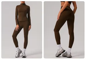 Ensemble veste de sport zippée et leggings de yoga taille haute pour femme marron foncé.
