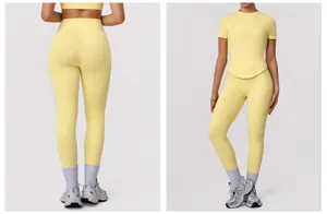 Set yoga fitness senza cuciture giallo da donna leggings da palestra a vita alta e top sportivo
