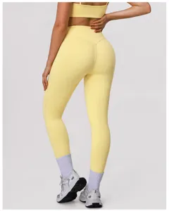 Pantaloni yoga vita alta donna leggings fitness gialli con reggiseno sportivo tuta.