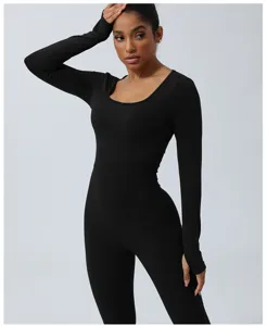 Black long sleeve fitness jumpsuit for women, tight yoga bodysuit and activewear romper.