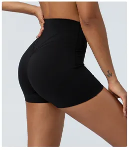 High waist peach lift yoga shorts black athletic fitness workout gym running pants detail