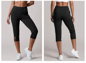 Damen schwarze Capri Yogahose schmale Fitness Leggings Sport Workout Aktivkleidung Hose