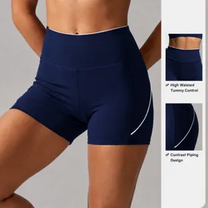 Shorts de Yoga Deportivos de Talle Alto para Mujer Color Contrastado Levanta Glúteos Fitness Running Ajustados Nilón Espándex
