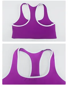 Vue détaillée du soutien-gorge de sport violet et blanc à dos nageur, finitions soignées.