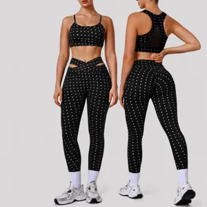 Dames Polka Dot Geprint Yoga Set Hoge Taille Bilversterkend Leggings Schokbestendig Sport-BH Atletische Fitness Workout Gym Outfit