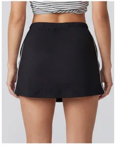 Black athletic sports skirt with white side stripes, anti-glare lining, perfect for tennis yoga.
