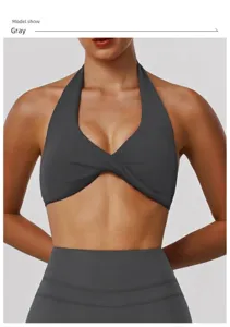 Grey halter neck yoga bra top and high waist leggings fitness sportswear outfit set.