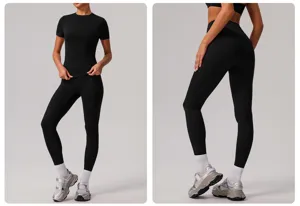 Détails en gros plan de l'ensemble de yoga noir montrant la taille haute et le tissu.