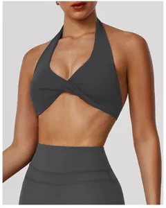 Dark gray halter yoga sports bra, stylish fitness activewear crop top for women daily gym training.