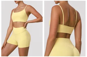 Vue détaillée ensemble soutien-gorge de sport jaune et short de fitness taille haute dos nageur