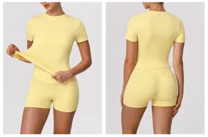 Women fitness yoga set short sleeve top high waist booty shorts athletic activewear