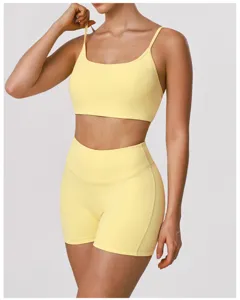 Ensemble de yoga jaune pour femme soutien-gorge de sport et short taille haute fitness vetement sport