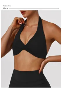 Backless black halter yoga sports bra, detachable padding running fitness activewear top