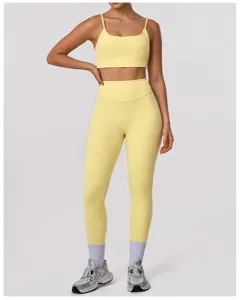 Yellow activewear set with sports bra and high waist leggings for women yoga fitness gym workout