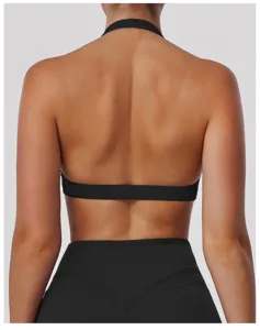 Detailed back view of black halter sports bra, hollow out design for yoga and fitness.