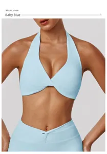 Close-up detail of baby blue halter yoga sports bra, featuring cross wrap design for fitness.