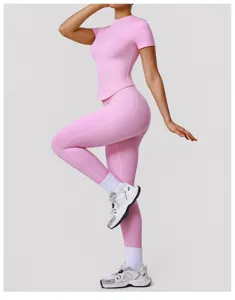 Pink fitness short sleeve top high waist yoga leggings set for women running gym sportswear.