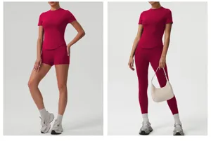 Ribbed athletic activewear set detail featuring high waist leggings and crop short sleeve top.