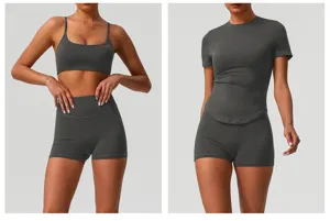 Detailed view of women athletic gym set, high waist shorts and breathable fitness top.