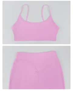 Pink sports bra and high-waisted butt-lifting yoga pants detail display set fitness wear