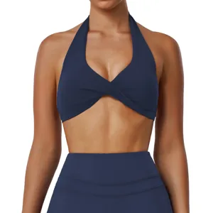 Women's Halter Yoga Sports Bra Removable Pad Fitness Athletic Running Gym Top Navy Blue