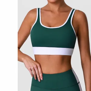 Soutien-Gorge de Sport de Couleur Contrastée à Haute Élasticité pour Femmes Séchage Rapide Fitness Coussinet Poitrine Amovible Col en U Top Yoga Activewear