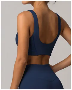 Soutien-gorge de sport bleu foncé, panneaux mesh respirant, top fitness dos nageur u.