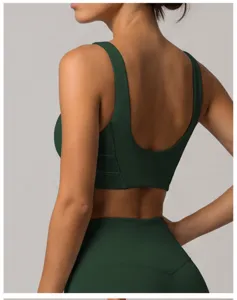 Soutien-gorge de sport vert olive dos, haut de gilet de fitness de yoga élastique.