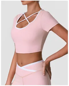 Roze crop top voor dames yoga fitness korte mouw sportshirt met kruislings detail
