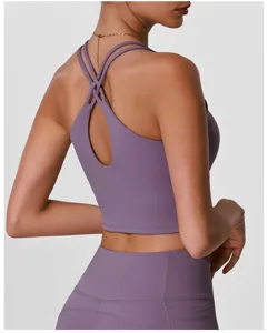 Vue arrière détaillée d'un soutien-gorge de sport violet, idéal pour le fitness et le yoga.