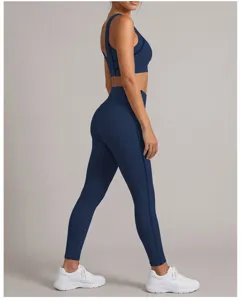 Dunkelblaue Damen Sport Yoga Set High Waist Fitness Leggings und Sport-BH schnelltrocknend