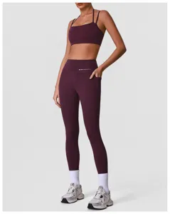 Damen hoher Bund Yoga Set Sportbekleidung Träger Sport-BH mit Taschen Leggings Bordeaux