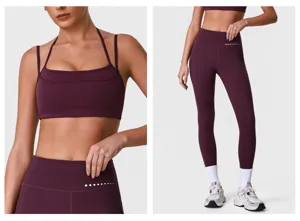 Detailansicht des weinroten Yoga-Sets für Damen, High-Waist Leggings und Sport-BH.