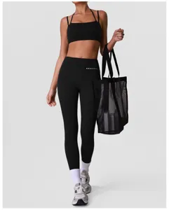 Schwarzes nahtloses Yoga Set Damen, hohe Taille Fitness Leggings und gepolsterter Sport BH