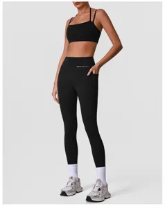 Schwarze hoch Taille Yoga Leggings und Sport-BH Set für Damen Fitness Training Detail.