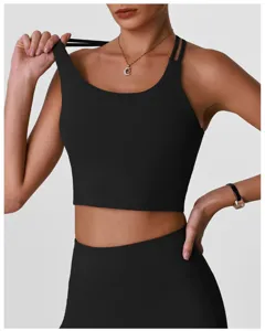 Détail de soutien-gorge de sport noir avec col rond, tissu respirant et dos nageur.