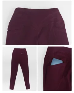 Detailansicht der hochgeschnittenen burgunderroten Yogaleggings mit praktischer Seitentasche.