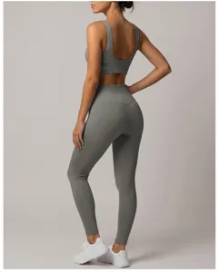 Rückansicht nahtloses Yoga Set für Damen, hoch Taillierte Fitness Leggings und Sport-BH, grau.