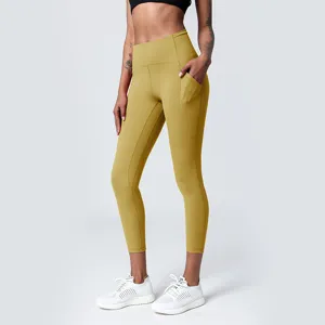 Damen Hohe Taille Po-Lift Yogahose Einfarbig Sportbekleidung Schmale Passform Knöchellange Leggings Mit Taschen