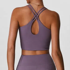Damen Sport BH Fitness Gym Running Activewear Kreuz Rücken Gepolstert Lila Fitness Top