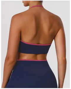 Vue détaillée du dos d'un soutien-gorge de sport bleu foncé avec élégante bordure rose.