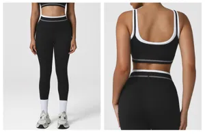 Zwart-witte yogaset, hoge taille push-up leggings en sportbeha fitnesskleding voor dames.