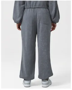 Detail back view of grey acid wash casual sweatpants and sweatshirt activewear set.