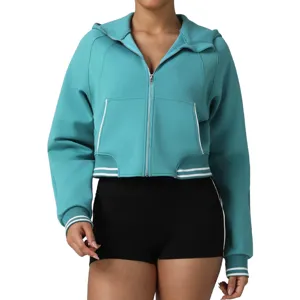 Women Full Zip Hooded Sweatshirt Cotton Blend Color Block Athletic Jacket Casual Long Sleeve Fitness Outerwear Top