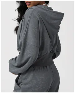Grey acid wash cropped zip hoodie and pants activewear set for women workout casual.