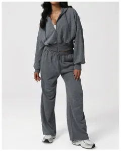 Grey mineral wash zip hoodie and wide leg sweatpants tracksuit set for casual sportswear.