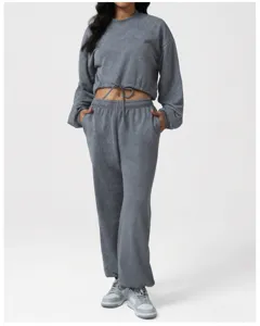 Grey mineral wash crop top and sweatpants set, comfortable casual activewear detail shot.
